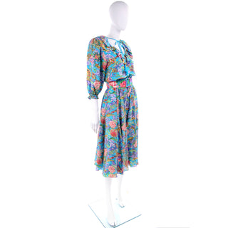 1980s Diane Freis Floral Blue Silk Dress w/ Tassels & Puff Sleeves One Size