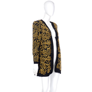 Diane Freis Vintage Gold Heavily Beaded Embroidered Black Silk Jacket