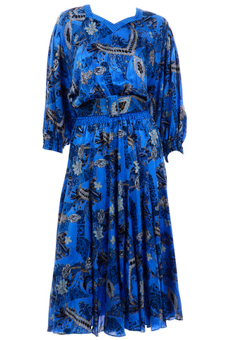 Vintage 1980s Diane Freis Blue Silk Paisley Print Dress