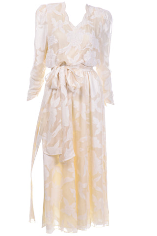 1980s Vintage Diane Fries Creamy Ivory Silk Beaded Dress W Scarf or Sash