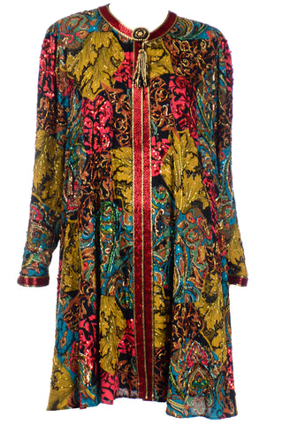 Diane Freis Beaded Jacket Colorful Baroque Print Vintage Swing Coat