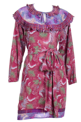 1980s Diane Freis Red & Purple Botanical Floral Print Ruffled Dress