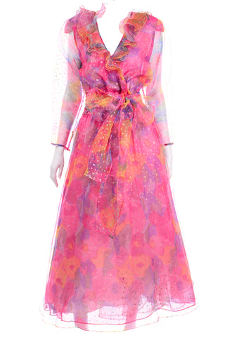 Diane Freis Vintage Pink Dot Ruffled Organza Long Dress
