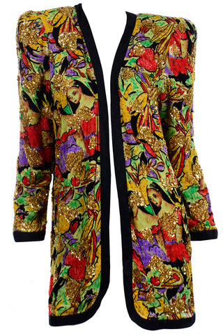 1980s Diane Freis Silk Open Front Jacket in Faces Novelty Print