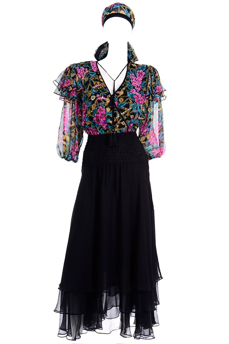 Vintage Diane Freis Limited Edition Silk Dress With Beading Tassels and Head Scarf Vintage Diane Freis Limited Edition Silk Dress With Beading Tassels and Head Scarf