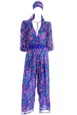 Diane Freis Purple Pink Floral Silk Jumpsuit with Scarf