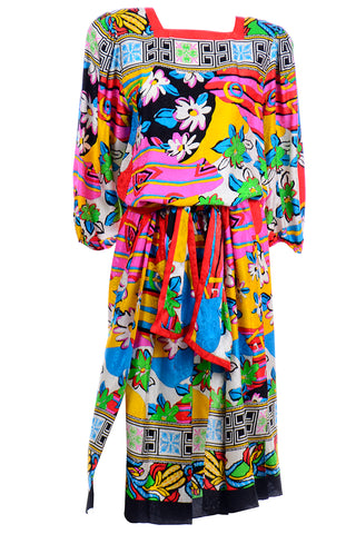 1980s Vintage Diane Freis Bold Colorful Silk Day Dress