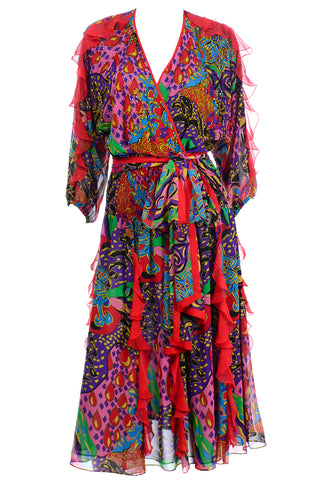 1980s Vintage Diane Freis Ruffled Dress in Colorful Multi Pattern Print