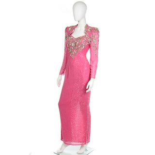 1980s Diane Freis Pink Evening Dress Beaded Vintage Gown