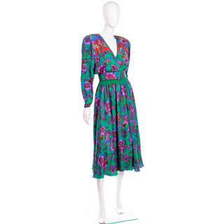 1980s Diane Freis Colorful Floral Silk Vintage Dress with belt