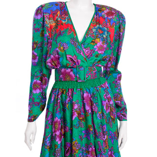 1980s Diane Freis Colorful Floral Silk Vintage Dress Bold