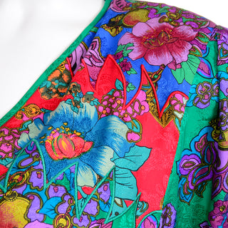 1980s Diane Freis Colorful Floral Silk Vintage Dress Topstitching