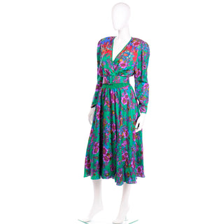 One size 1980s Diane Freis Colorful Floral Silk Vintage Dress