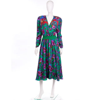 1980s Diane Freis Colorful Floral Silk Vintage Dress Faux Wrap Style