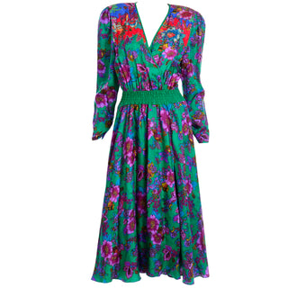 Faux Wrap Style 1980s Diane Freis Colorful Floral Silk Vintage Dress