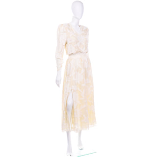 Burnout Vintage Diane Fries Creamy Ivory Silk Beaded Dress W Scarf or Sash