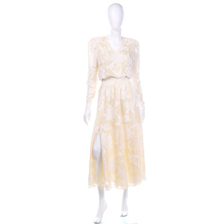 Vintage Diane Fries Creamy Ivory Silk Beaded Dress W Scarf or Sash Slit