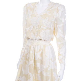 Vintage Diane Fries Creamy Ivory Silk Beaded Dress W Scarf or Sash One size fits most