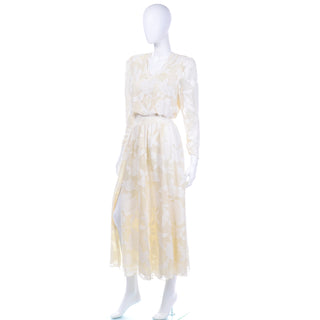 1980s Vintage Diane Fries Creamy Ivory Silk Beaded Dress W Scarf or Sash One size