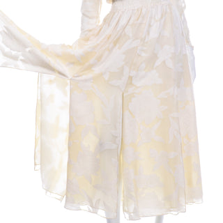 Vintage Diane Fries Creamy Ivory Silk Beaded Dress W Scarf or Sash Elastic waistband 