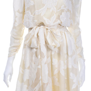 Vintage Diane Fries Creamy Ivory Silk Beaded Dress W head Scarf or Sash belt