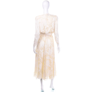 Vintage Diane Fries Creamy Ivory Silk Beaded Dress W Scarf or Sash 1980s evening dress