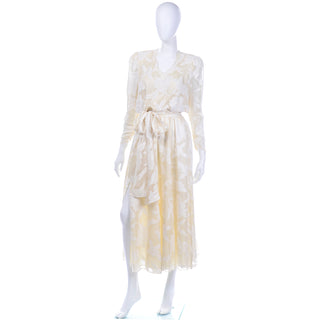80s Vintage Diane Fries Creamy Ivory Silk Beaded Dress W Scarf or Sash