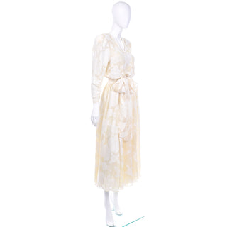 80s Vintage Diane Fries Creamy Ivory Silk Beaded Dress W Scarf or Sash burnout