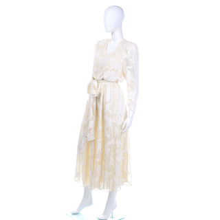 Vintage Diane Fries Creamy Ivory Silk Beaded Dress W Scarf or Sash belt