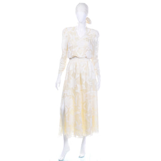 Vintage Diane Fries Creamy Ivory Silk Beaded Dress W Scarf or Sash 80s