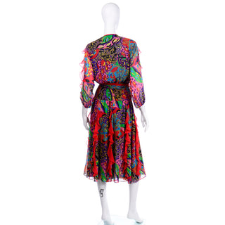 Vintage Diane Freis 1980s Ruffled Dress in Colorful Multi Pattern Print