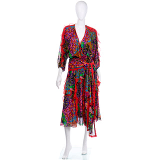 1980s Vintage Diane Freis Ruffled Dress in Colorful Mixed Pattern Print