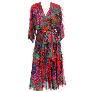 Georgette Poly 1980s Vintage Diane Freis Ruffled Dress in Colorful Multi Pattern Print
