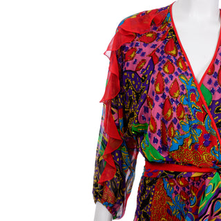 1980s Vintage Diane Freis Ruffled Dress in Colorful Multi Pattern Print beaded