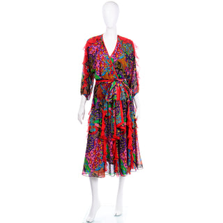 1980s Vintage Diane Freis Ruffled Dress in Colorful Multi Pattern Print with sash belt
