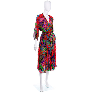 1980s Vintage Diane Freis Ruffled 80s Dress in Colorful Multi Pattern Print
