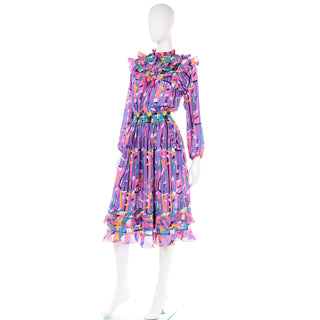 Diane Freis Pink Purple Abstract print ruffle dress 80s