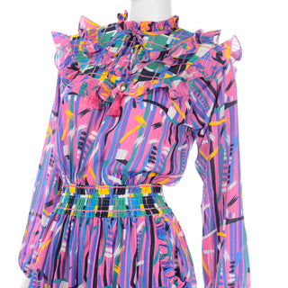 Diane Freis Pink Purple Abstract print dress with ruffles