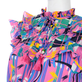 Ruffled Diane Freis Pink Purple Abstract print ruffle dress
