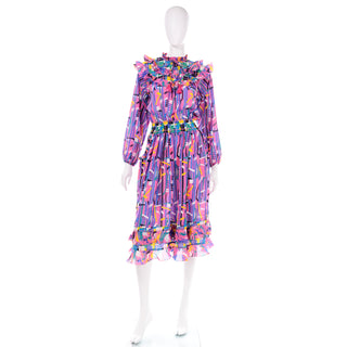 1980s Diane Freis Pink Purple Abstract print ruffle dress