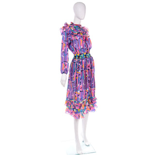 Diane Freis Pink Purple Abstract print ruffle dress 1980s