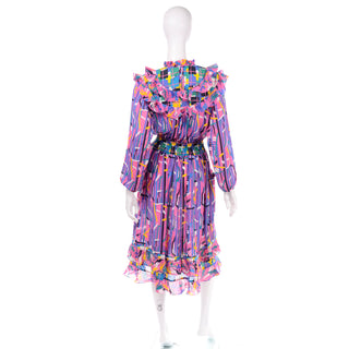1980s Diane Freis Pink Purple Abstract print ruffle dress Long Sleeves