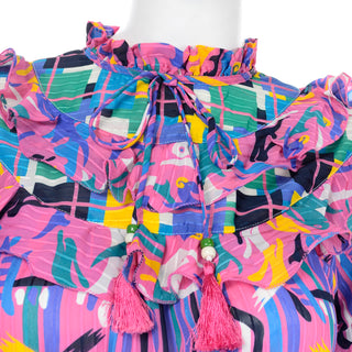 Diane Freis Pink Purple Abstract print ruffle dress Tie neck