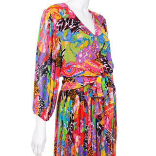 1980s Diane Freis Vintage Beaded and Pleated Two Piece Colorful Dress - Modig