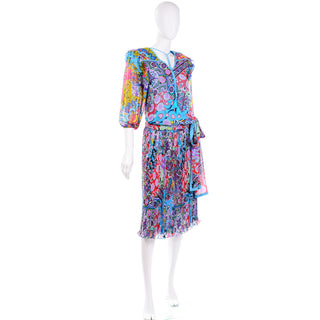 Diane Freis Vintage 1980s Colorful Mixed Pattern Dress W Ruffled Sleeves & tassels