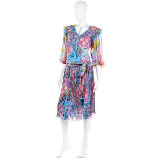 Diane Freis Vintage 1980s Colorful Mixed Pattern Dress W tassels, sash belt and Ruffled Sleeves