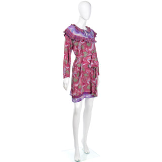 1980s Diane Freis Red & Purple Botanical Floral Print Ruffled Dress with belt