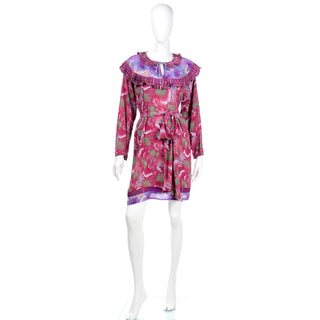 1980s Diane Freis Red & Purple Botanical Floral Print Ruffled Dress or tunic