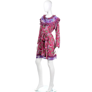1980s Diane Freis Red & Purple Botanical Floral Print Ruffled Dress or Tunic with sash
