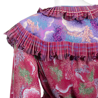 1980s Diane Freis Red & Purple Botanical Floral Print Ruffled Dress one size